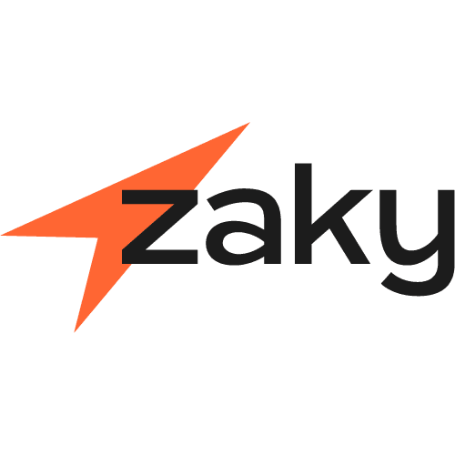 Logo Zaky cu simbol săgeată portocalie și tipografie bold neagră — identitate vizuală creată de Branthink